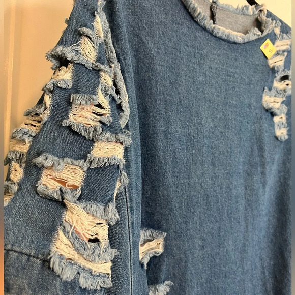 Vibrant MIU Distressed Denim 3/4 Sleeve High Low Dress.‎ Size Small. NWT. - Picture 7 of 12